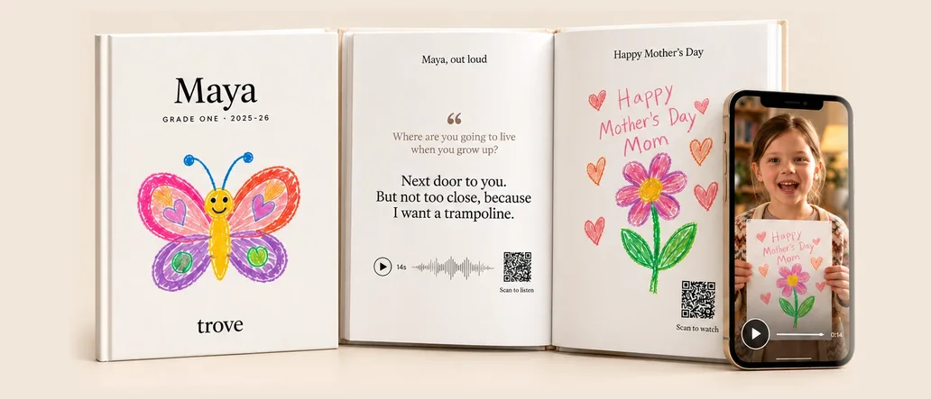 A Trove edition: the cover, a page with a recorded answer and its QR code, a drawing with its QR code, and a phone playing that video.